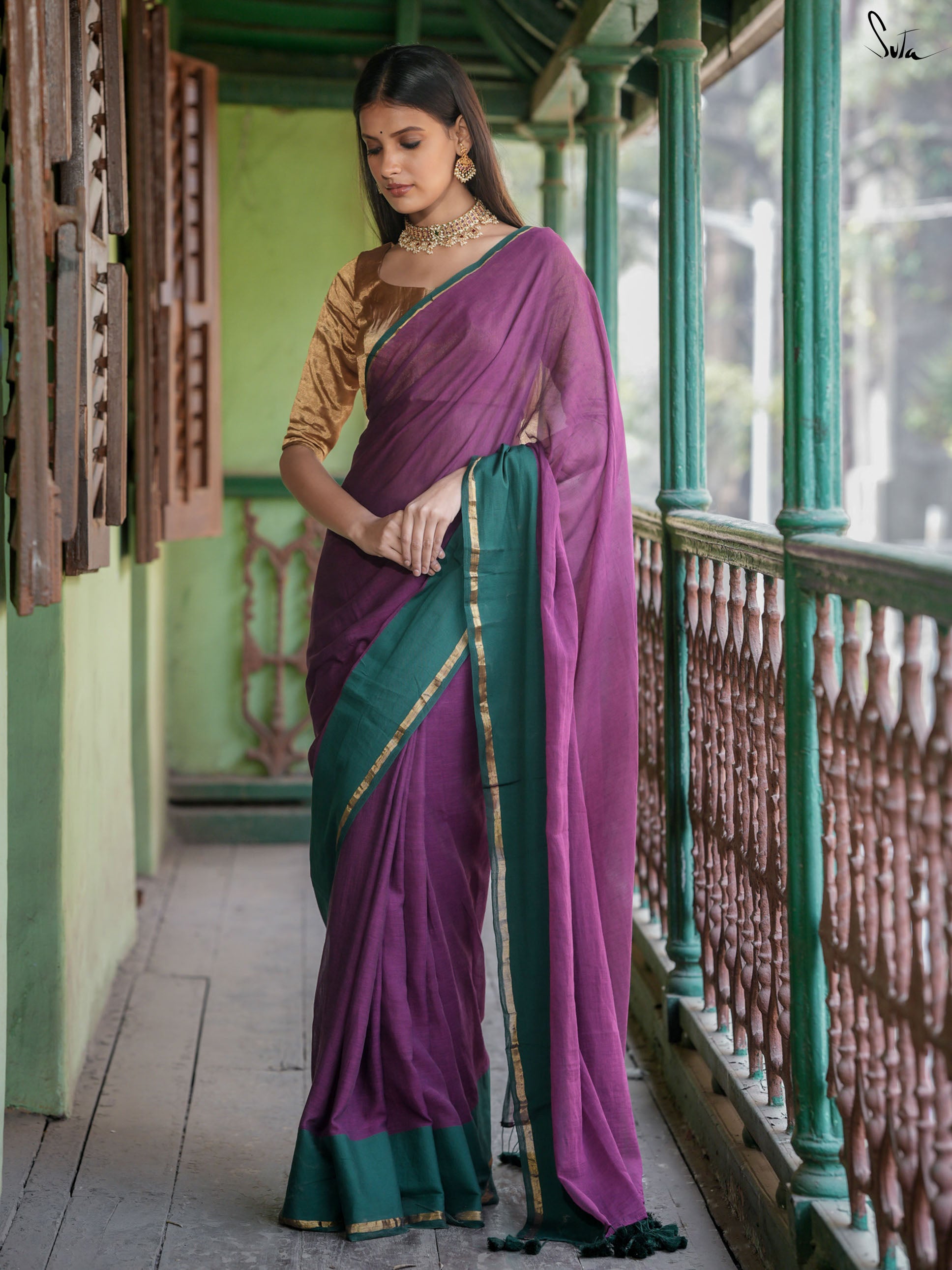 Purple RamaGreen Semi Kathan Saree. main image 0