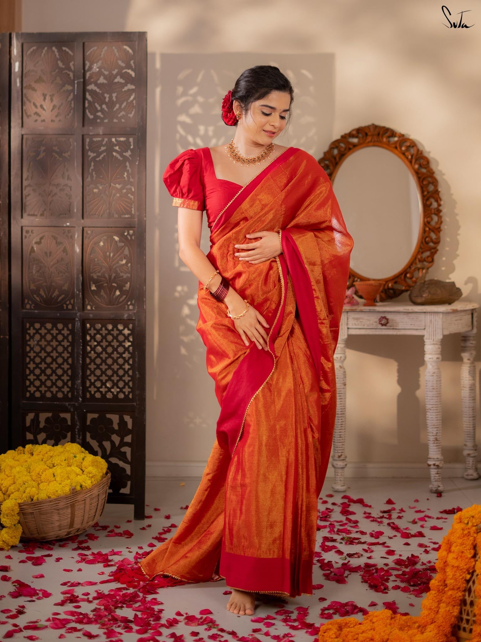 Milthila Palkar in Red-Orange Pujo Wedding Festive Saree