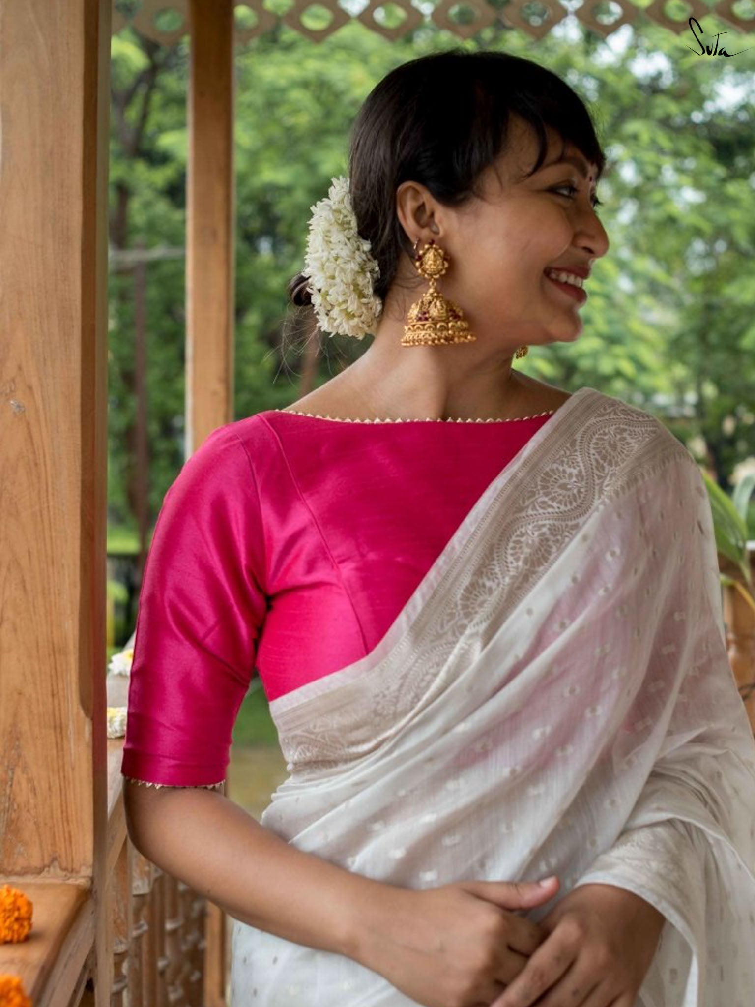 Padded Art Silk Boat Neck Blouse In Pink Aambal Suta Padded Art Silk Boat Neck Blouse In Pink Aambal Suta