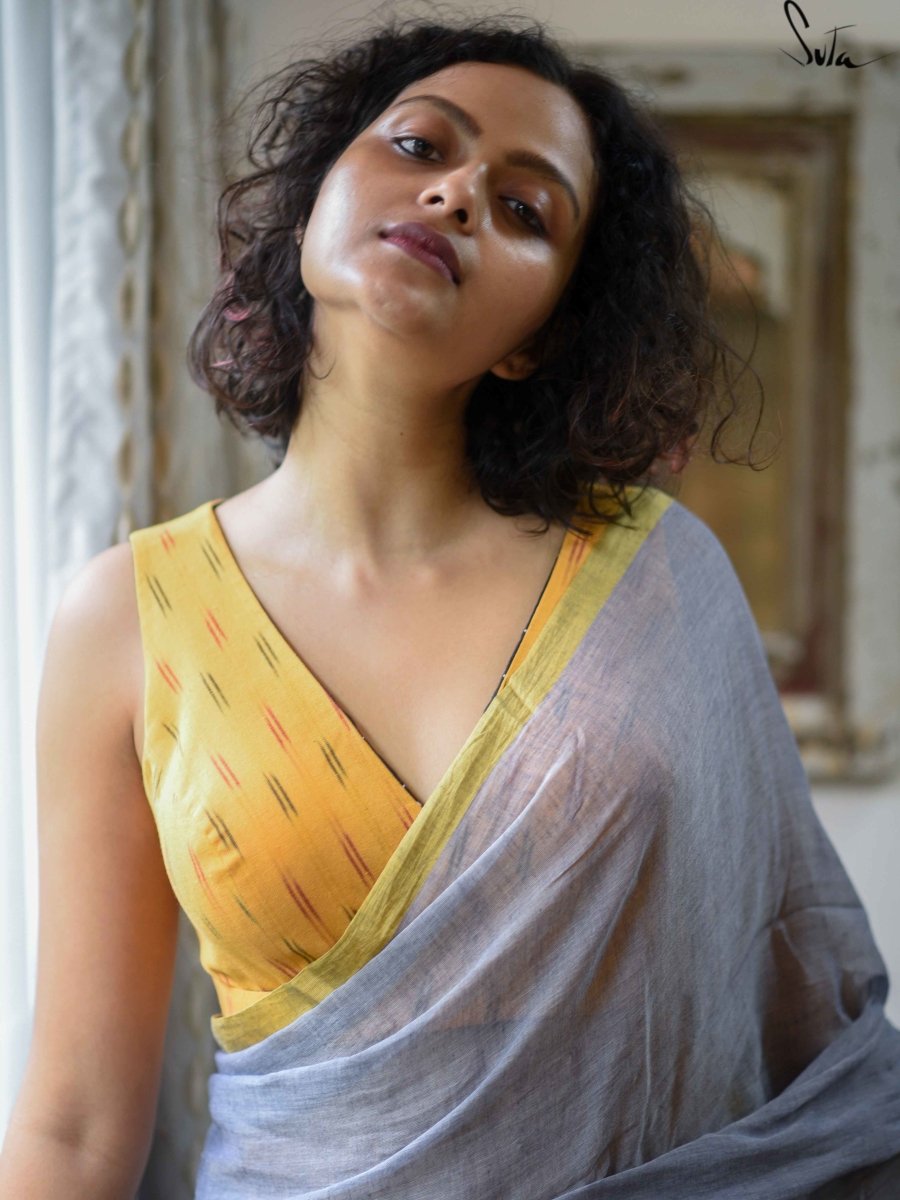 Yellow and Black Alat Palat (Blouse) - suta.in