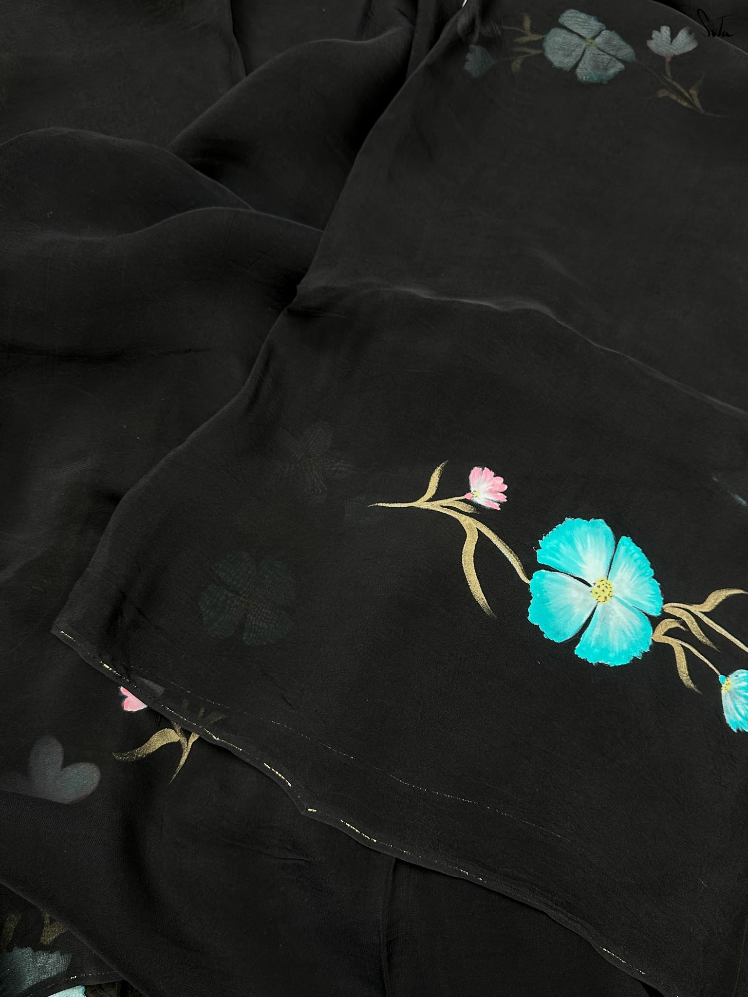 Blue Rose Noir (Hand Painted Viscose Saree)