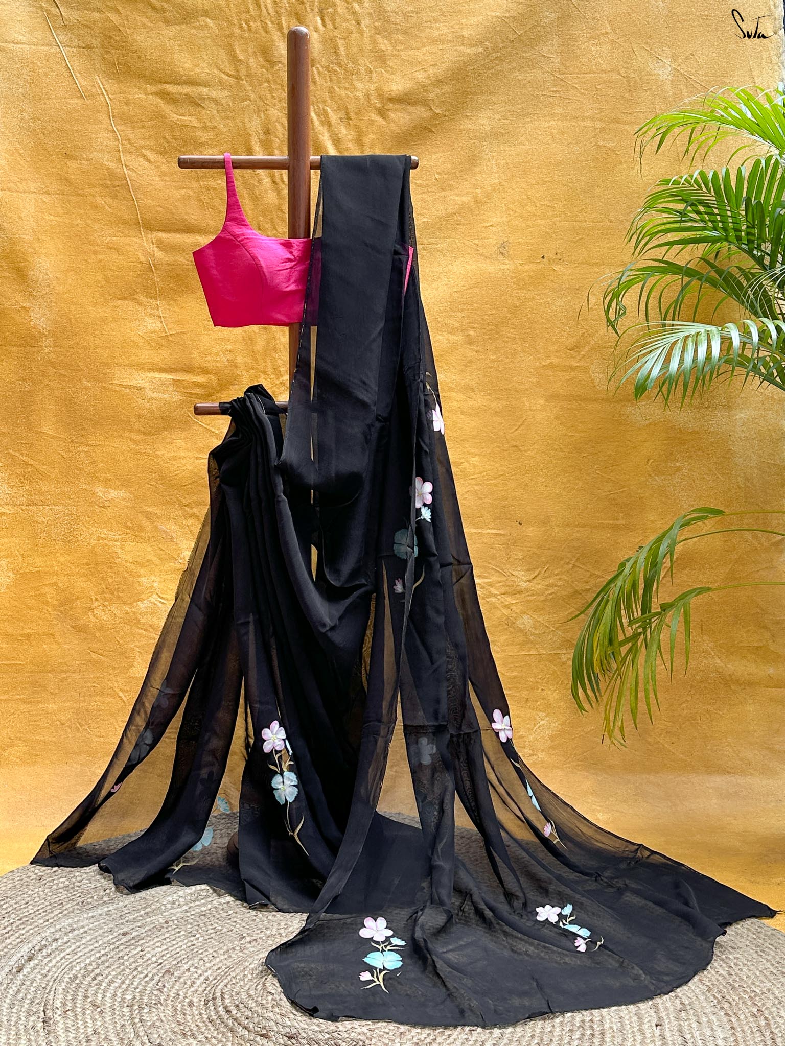 Blue Rose Noir (Hand Painted Viscose Saree)