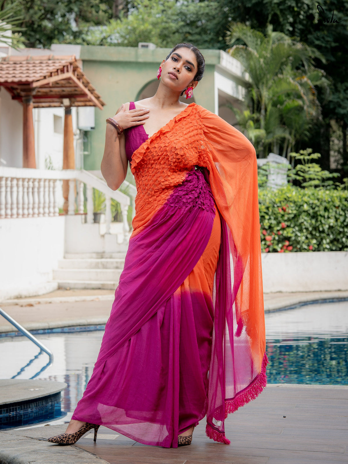 Suta x Dushara-Jalrukhmini -Purple-Pink to Orange Gradient Smocking Saree