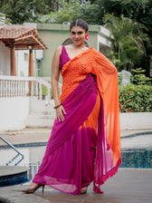 Suta x Dushara-Jalrukhmini -Purple-Pink to Orange Gradient Smocking Saree