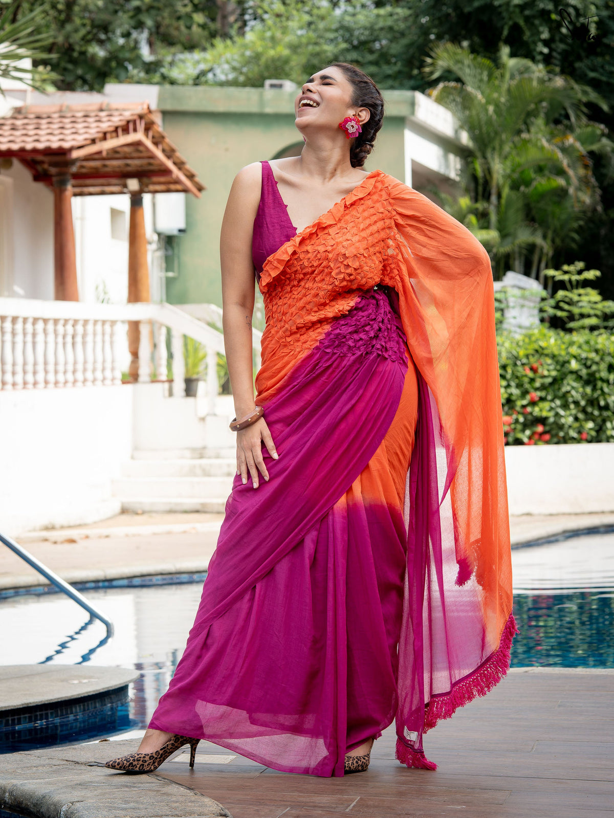 Suta x Dushara-Jalrukhmini -Purple-Pink to Orange Gradient Smocking Saree