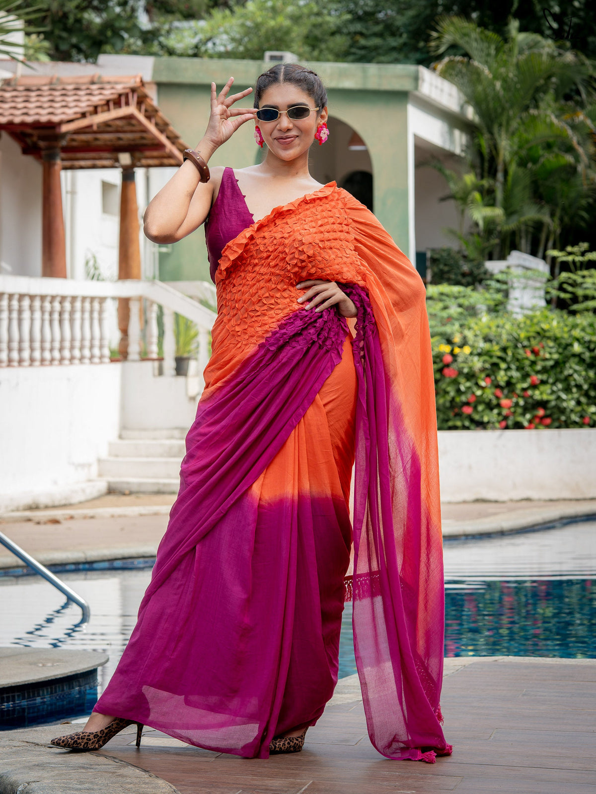Suta x Dushara-Jalrukhmini -Purple-Pink to Orange Gradient Smocking Saree