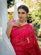 Suta x Dushara Hopscotch -  Pink & Red Checks Saree with Silver Zari Details