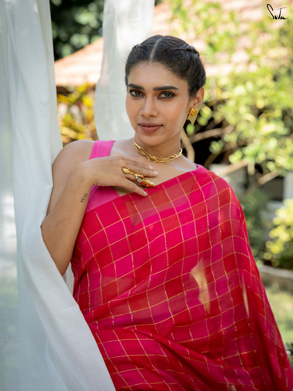 Suta x Dushara Hopscotch -  Pink & Red Checks Saree with Silver Zari Details