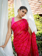 Suta x Dushara Hopscotch -  Pink & Red Checks Saree with Silver Zari Details