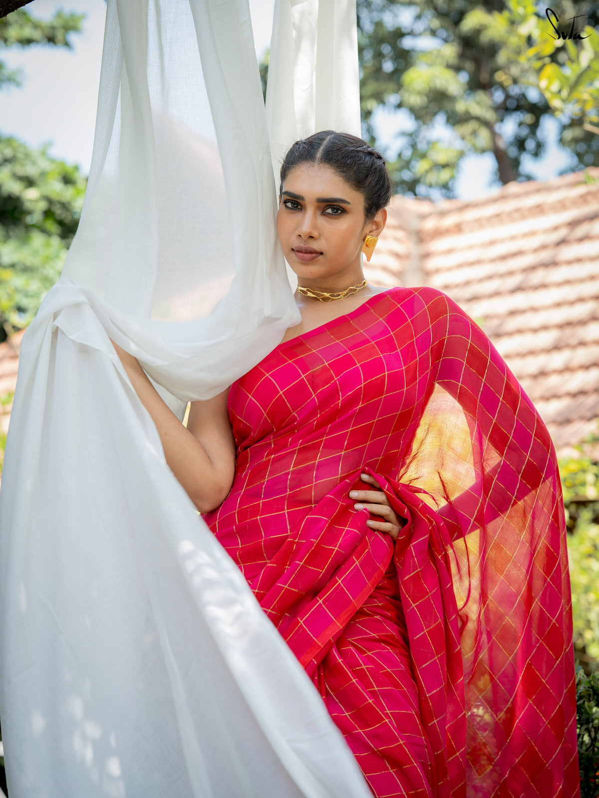 Suta x Dushara Hopscotch -  Pink & Red Checks Saree with Silver Zari Details