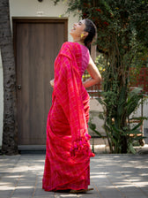 Suta x Dushara Hopscotch -  Pink & Red Checks Saree with Silver Zari Details