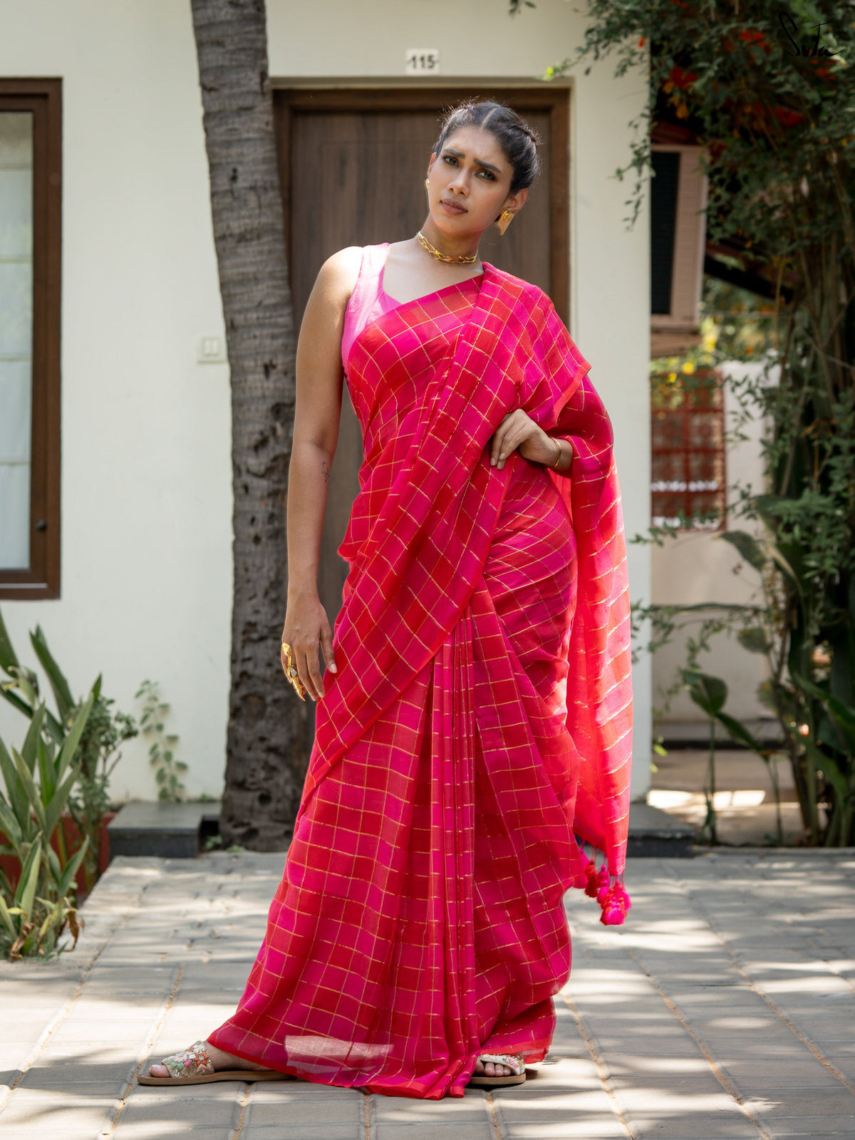 Suta x Dushara Hopscotch -  Pink & Red Checks Saree with Silver Zari Details