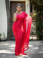 Suta x Dushara Hopscotch -  Pink & Red Checks Saree with Silver Zari Details