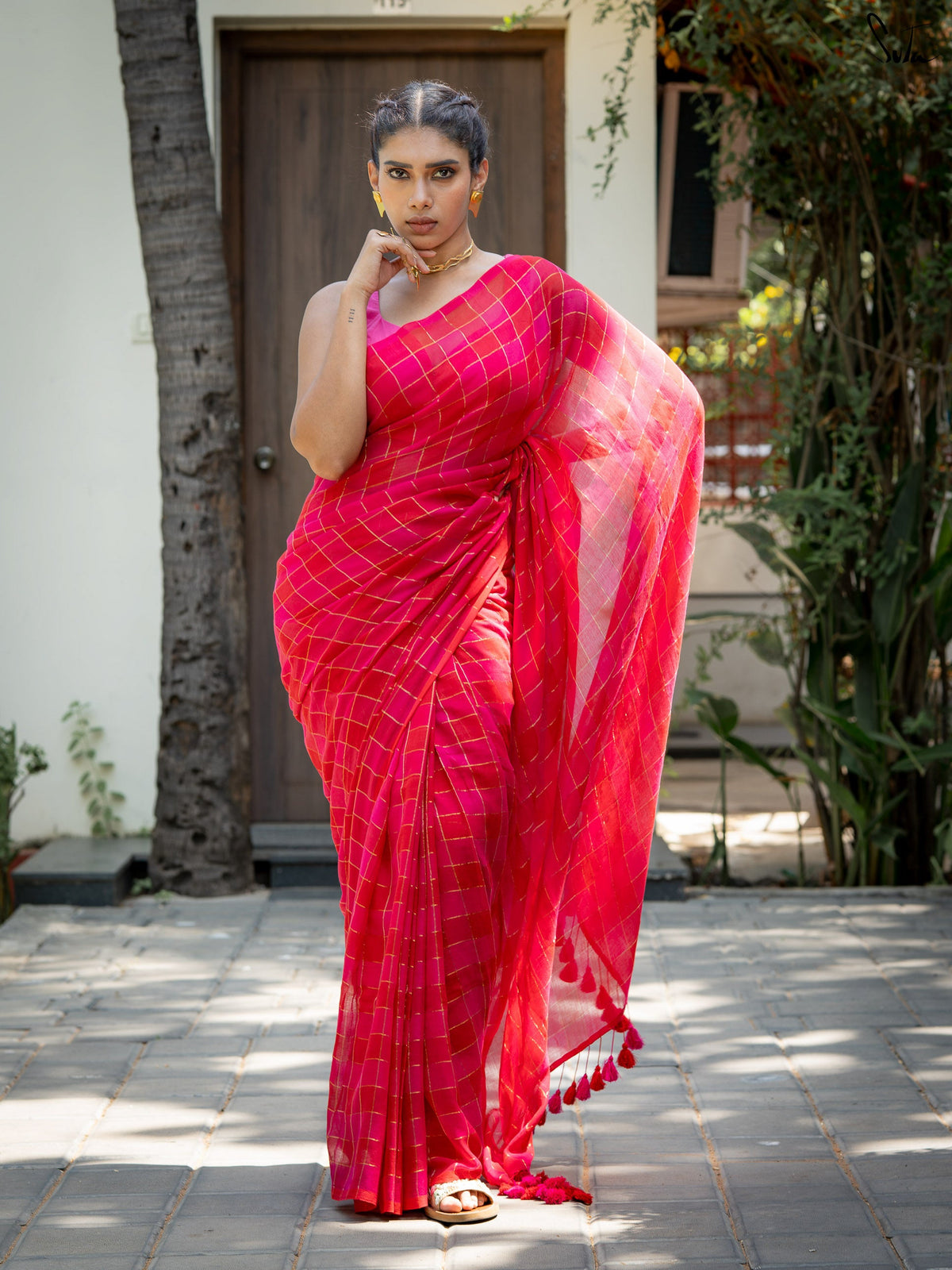 Suta x Dushara Hopscotch -  Pink & Red Checks Saree with Silver Zari Details