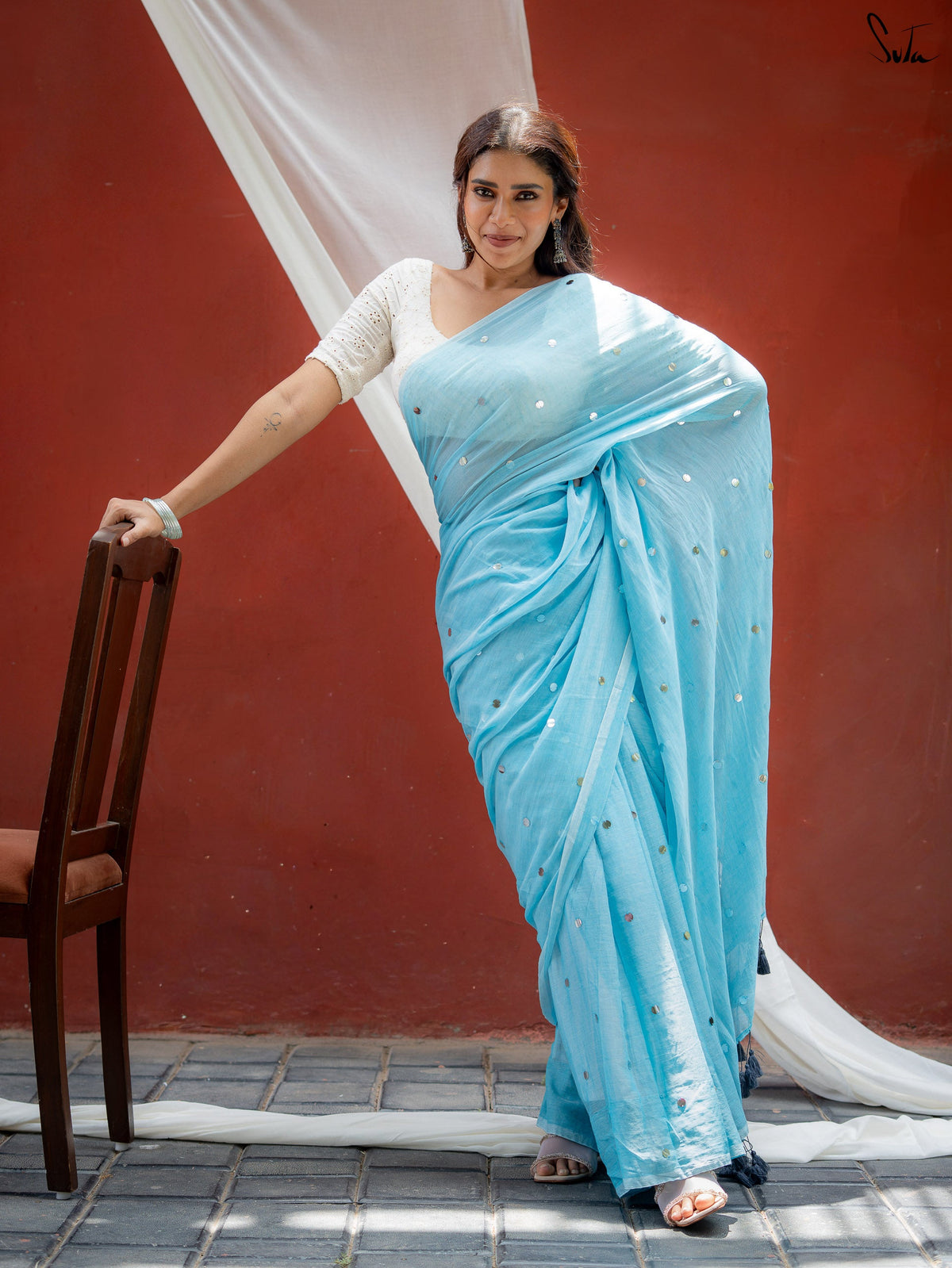 Suta x Dushara Winter Star - Sky Blue Cotton Saree with Chumki