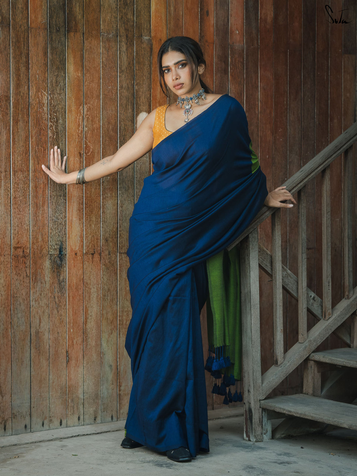Suta x Dushara Gratitude - Deep Blue & Bright Green Half and half Cotton Blend Saree