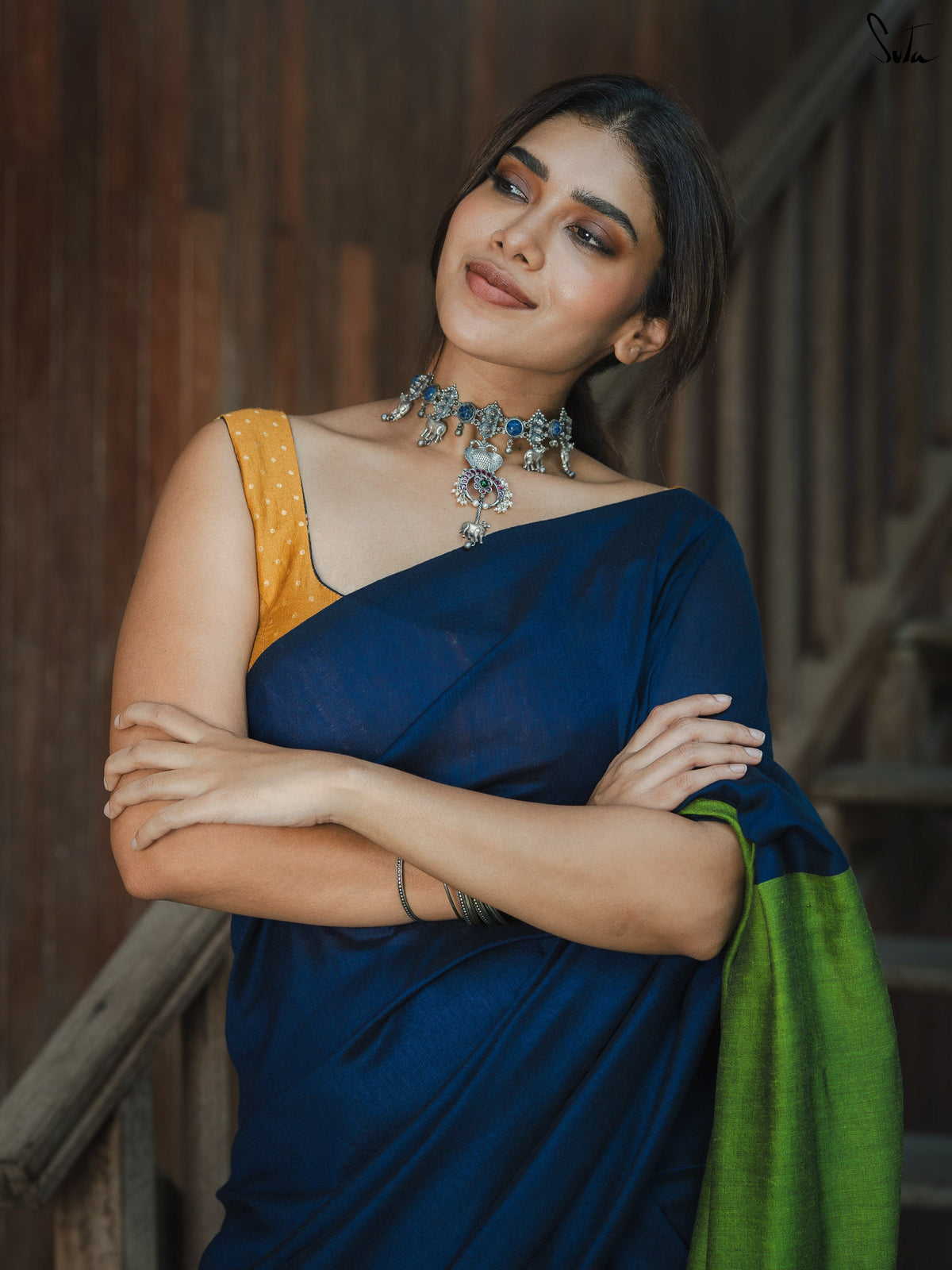 Suta x Dushara Gratitude - Deep Blue & Bright Green Half and half Cotton Blend Saree
