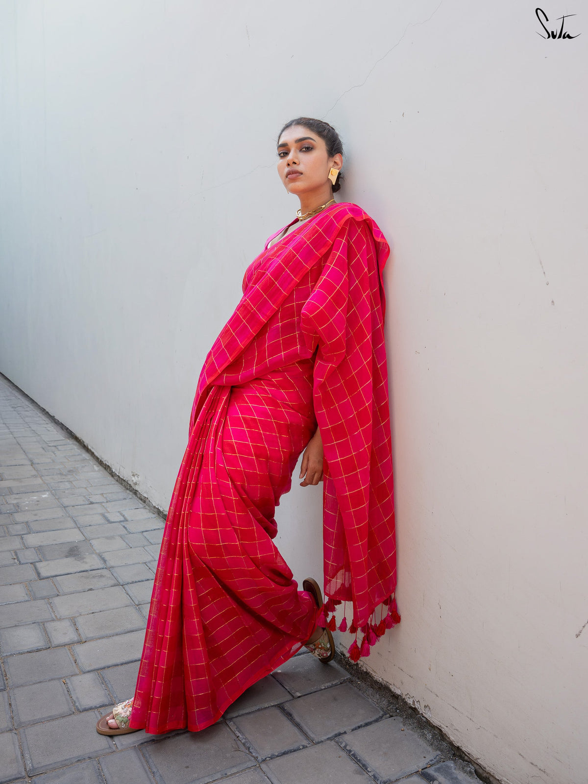 Suta x Dushara Hopscotch -  Pink & Red Checks Saree with Silver Zari Details
