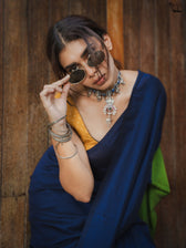Suta x Dushara Gratitude - Deep Blue & Bright Green Half and half Cotton Blend Saree