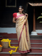 Suta x Dushara Ponvaani -  Gold Cotton Tissue Saree with Red & Gold Lace Border