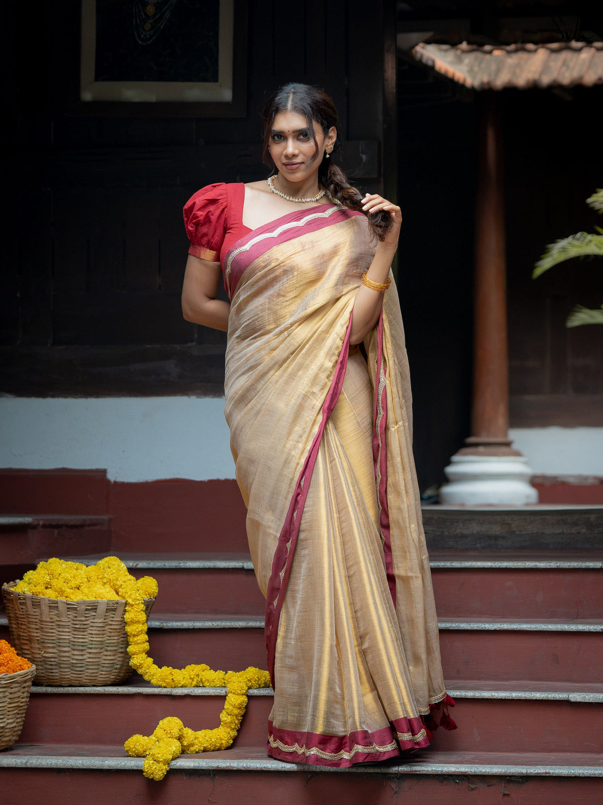 Suta x Dushara Ponvaani -  Gold Cotton Tissue Saree with Red & Gold Lace Border