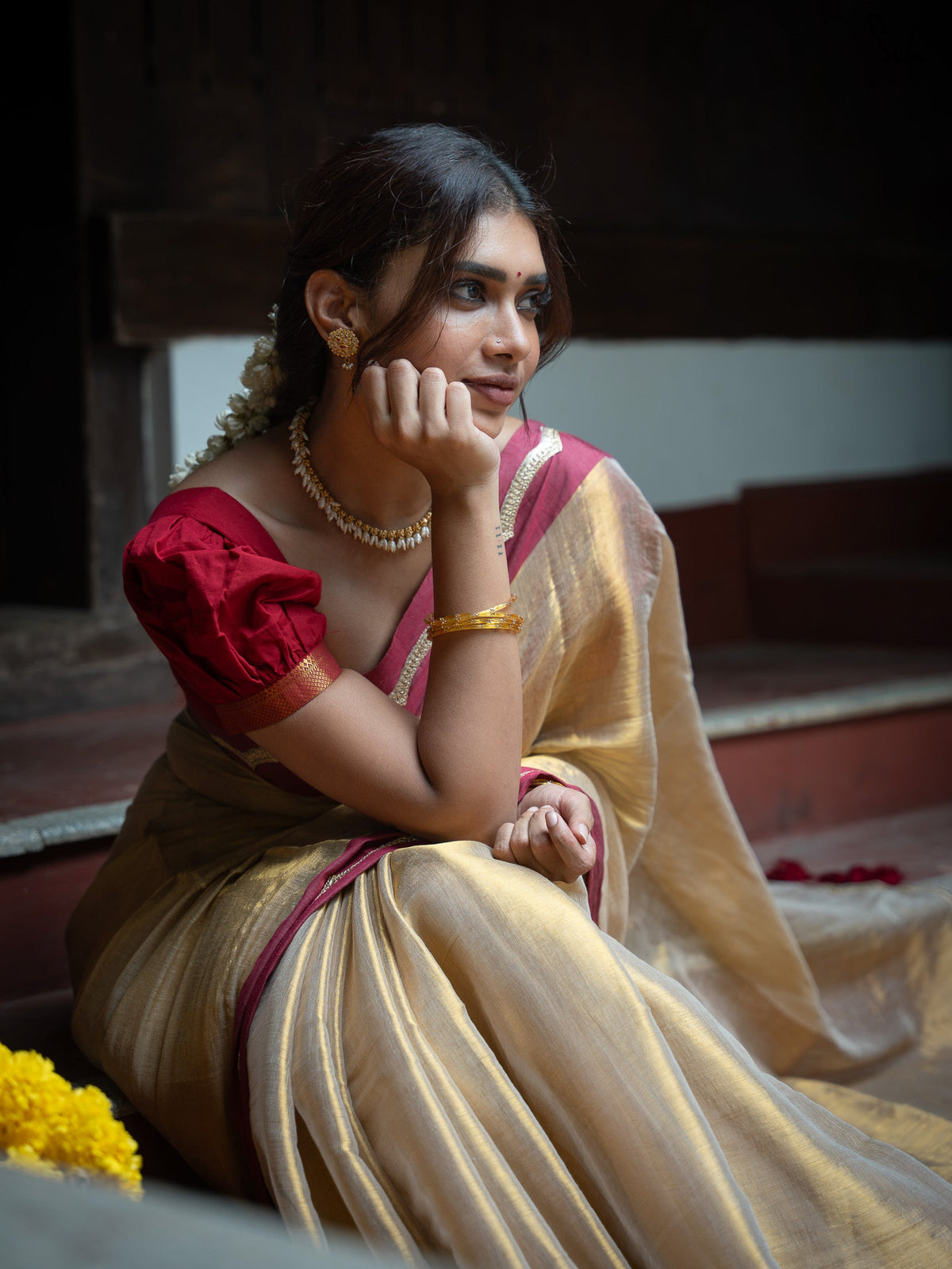 Suta x Dushara Ponvaani -  Gold Cotton Tissue Saree with Red & Gold Lace Border