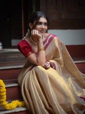 Suta x Dushara Ponvaani -  Gold Cotton Tissue Saree with Red & Gold Lace Border