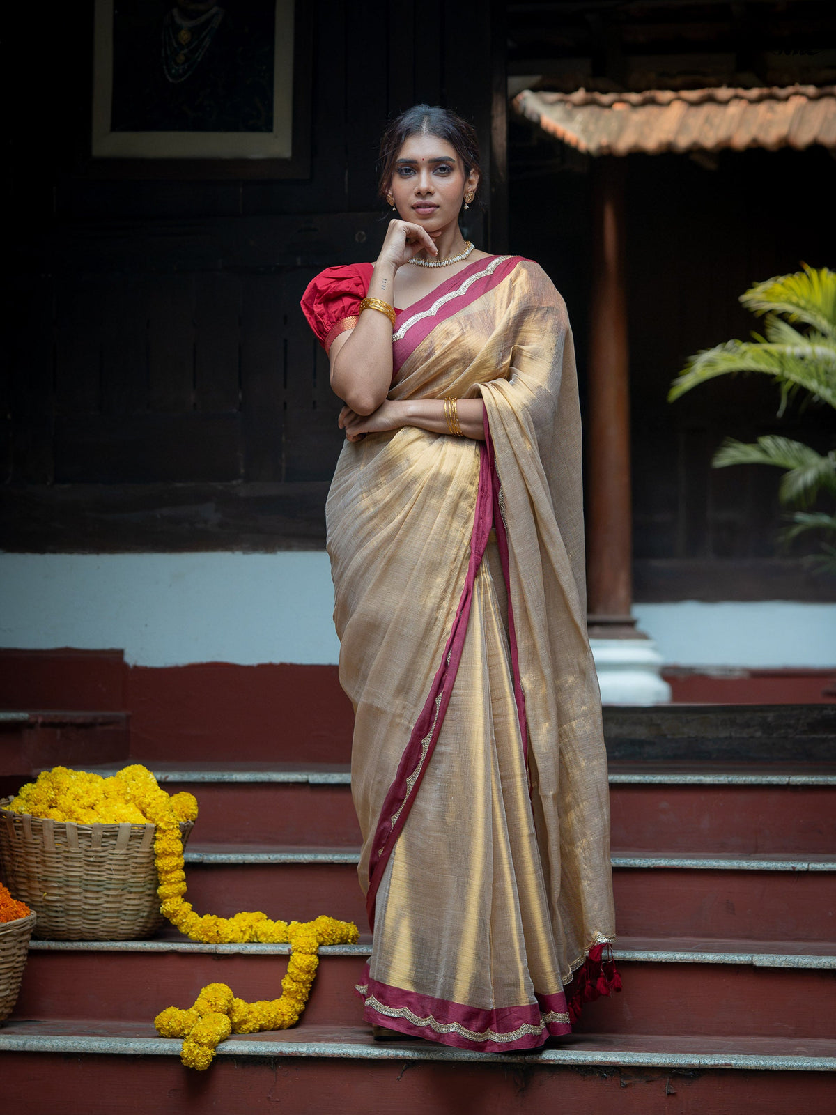 Suta x Dushara Ponvaani -  Gold Cotton Tissue Saree with Red & Gold Lace Border