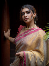Suta x Dushara Ponvaani -  Gold Cotton Tissue Saree with Red & Gold Lace Border