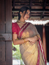 Suta x Dushara Ponvaani -  Gold Cotton Tissue Saree with Red & Gold Lace Border