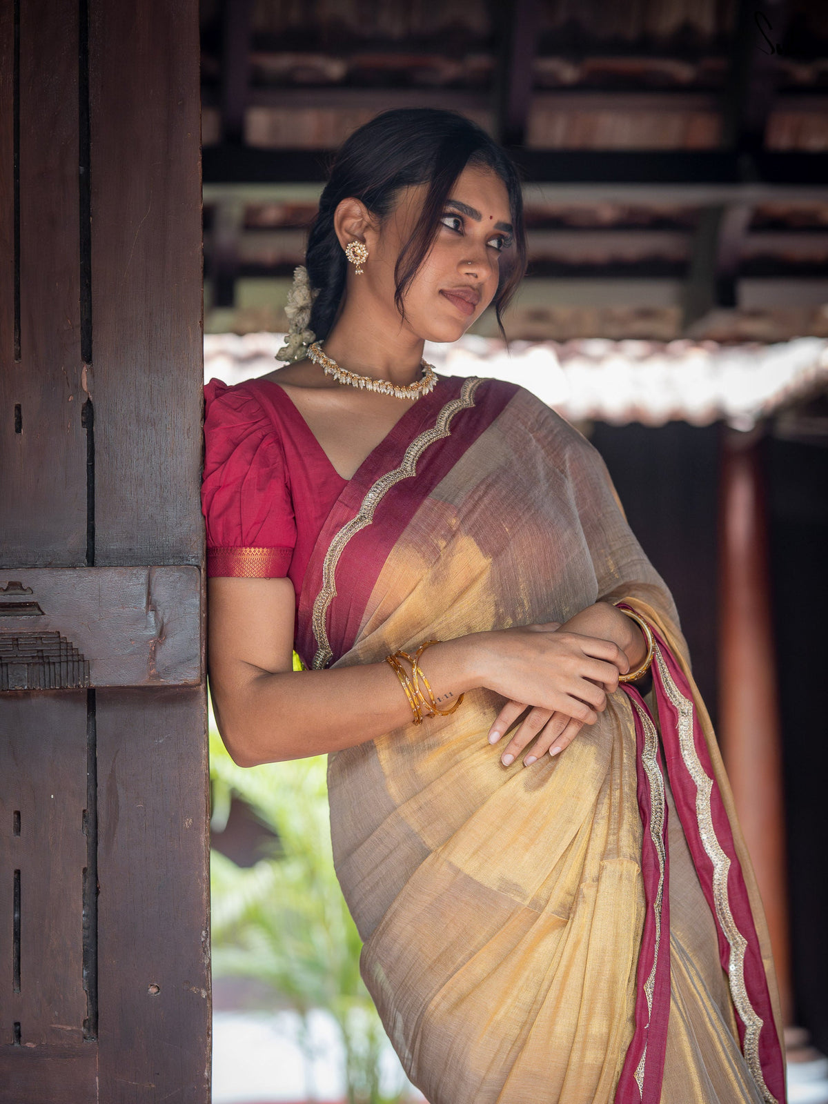 Suta x Dushara Ponvaani -  Gold Cotton Tissue Saree with Red & Gold Lace Border