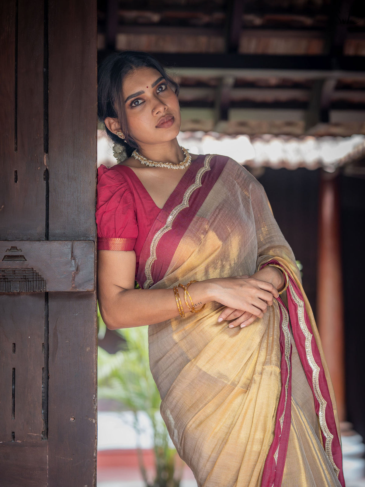 Suta x Dushara Ponvaani -  Gold Cotton Tissue Saree with Red & Gold Lace Border