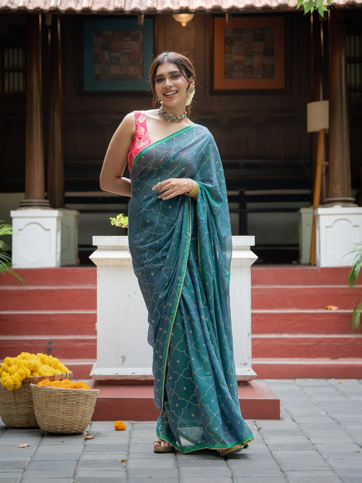 Suta x Dushara Firozi Varq -  Teal Green Dhoop Chaon with Foil Printed Jaal Print