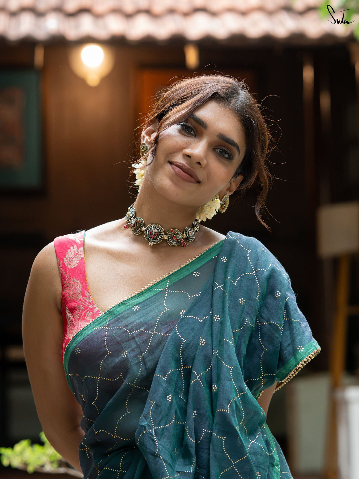 Suta x Dushara Firozi Varq -  Teal Green Dhoop Chaon with Foil Printed Jaal Print