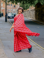 Hopscotch -  Pink & Red Checks Saree with Silver Zari Details
