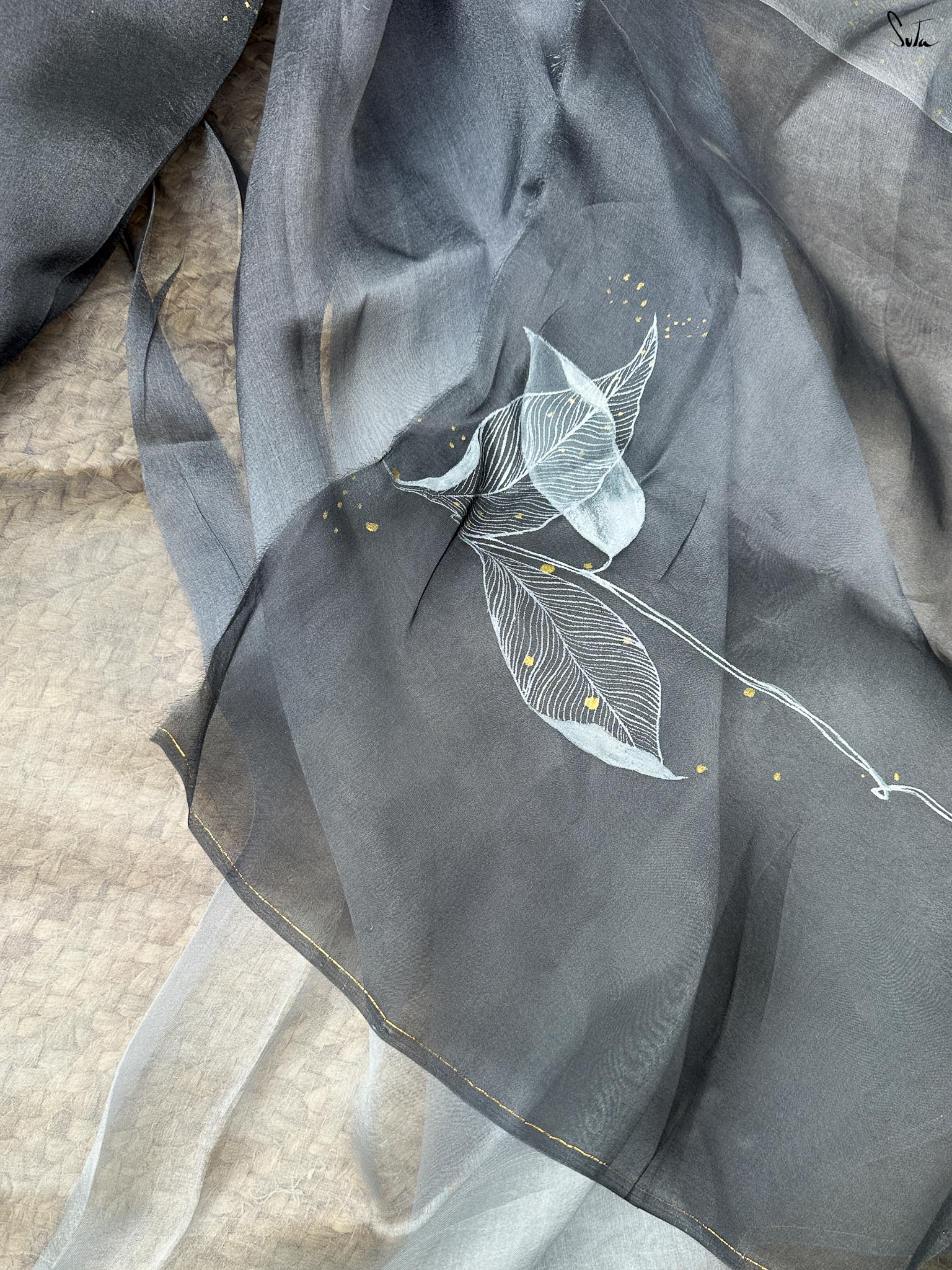 Lilies in Shadow (Hand Painted Pure Organza Saree)