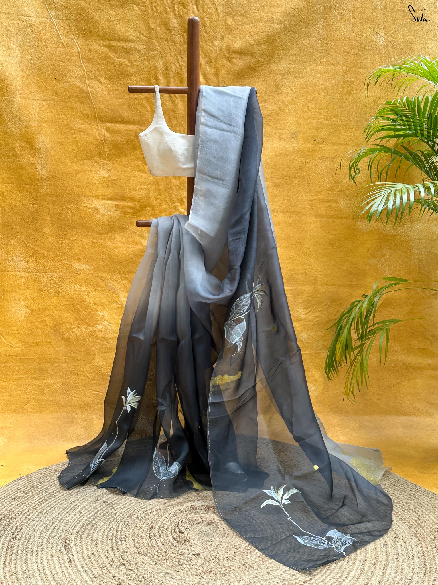 Lilies in Shadow (Hand Painted Pure Organza Saree)