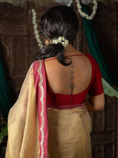Ponvaani -  Gold Cotton Tissue Saree with Red & Gold Lace Border