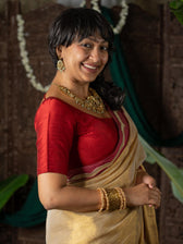 Ponvaani -  Gold Cotton Tissue Saree with Red & Gold Lace Border