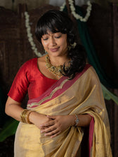 Ponvaani -  Gold Cotton Tissue Saree with Red & Gold Lace Border