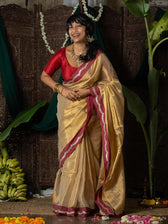 Ponvaani -  Gold Cotton Tissue Saree with Red & Gold Lace Border