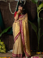 Ponvaani -  Gold Cotton Tissue Saree with Red & Gold Lace Border