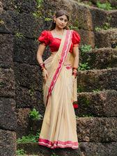Ponvaani -  Gold Cotton Tissue Saree with Red & Gold Lace Border