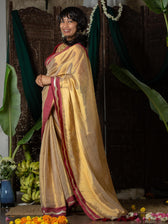 Ponvaani -  Gold Cotton Tissue Saree with Red & Gold Lace Border