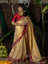 Ponvaani -  Gold Cotton Tissue Saree with Red & Gold Lace Border