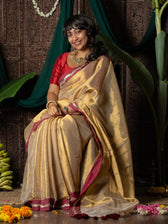Ponvaani -  Gold Cotton Tissue Saree with Red & Gold Lace Border