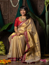 Ponvaani -  Gold Cotton Tissue Saree with Red & Gold Lace Border
