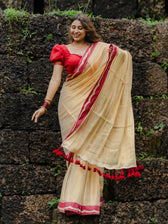Ponvaani -  Gold Cotton Tissue Saree with Red & Gold Lace Border