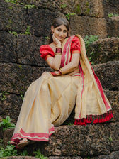 Ponvaani -  Gold Cotton Tissue Saree with Red & Gold Lace Border