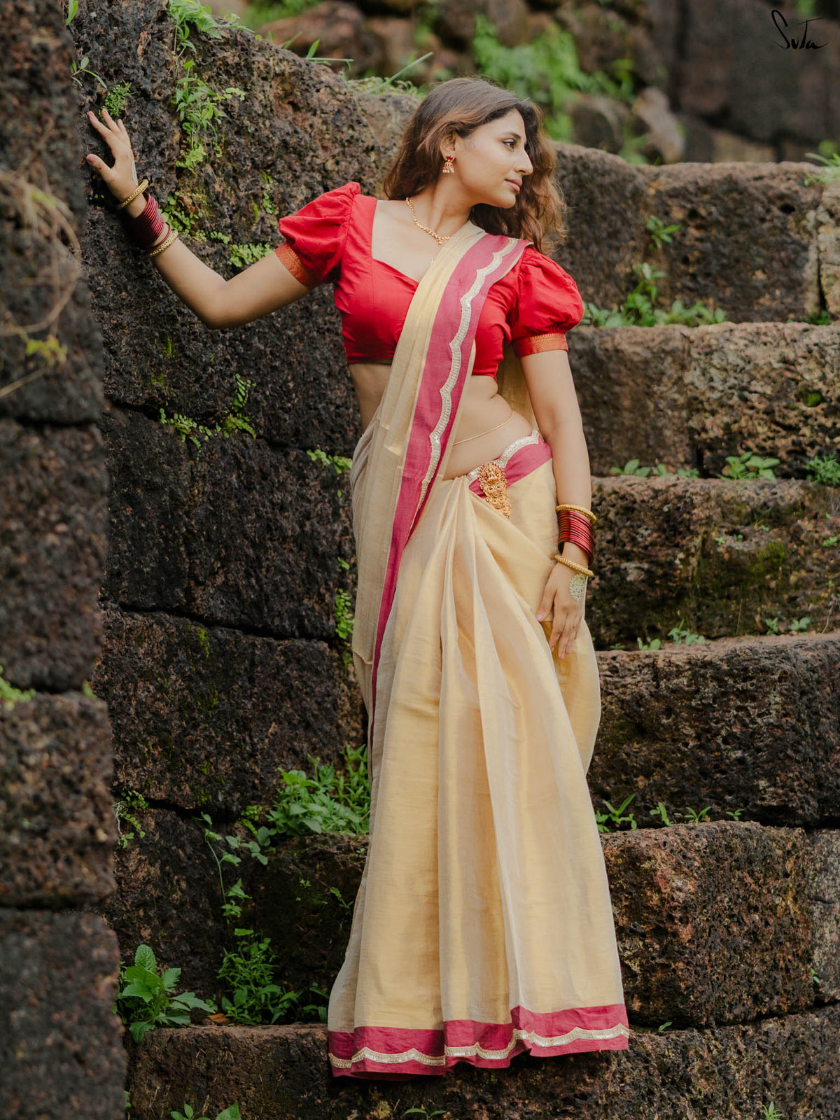 Ponvaani -  Gold Cotton Tissue Saree with Red & Gold Lace Border